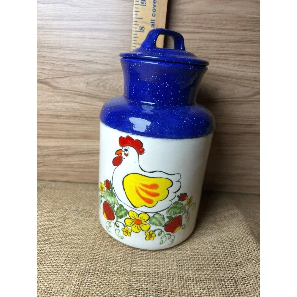 Vintage Ceramic Chicken Floral Strawberry Kitchen Canister Jar Blue Lid